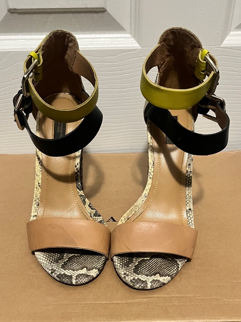 Zara Multicolor Leather & Snake-Print Ankle Strap Sandals Heels